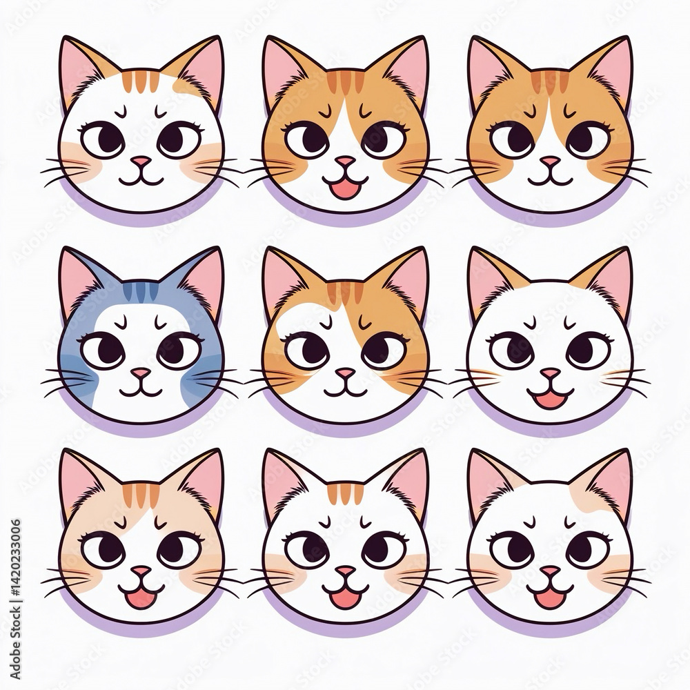 Grid of nine colorful cartoon cat faces with different expressions.
Grid of nine colorful cartoon cat faces with different expressions.