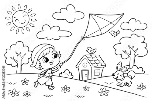 coloring book page, cartoon child flying kite, small house, trees, smiling sun, fluffy clouds, flowers, grass, playful scene, black and white line art, simple drawing style, cheerful outdoor setting, 