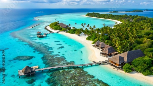 Aerial View of Overwater Bungalows in Turquoise Waters – Tropical Island Escape with White Beaches and Coral Reefs