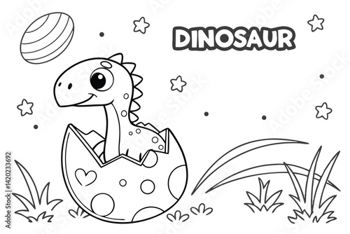 Cute baby dinosaur, hatching from egg, simple line drawing, coloring book style, black and white, cartoon stars, planet, grass blades, playful, children's illustration, whimsical, prehistoric theme,