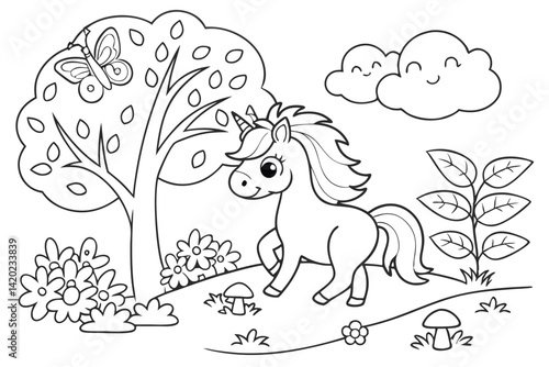 Cute cartoon unicorn, magical forest scene, whimsical tree with swirls, smiling clouds, flowers, coloring book style, black and white line art, children's illustration, fantasy landscape, 
