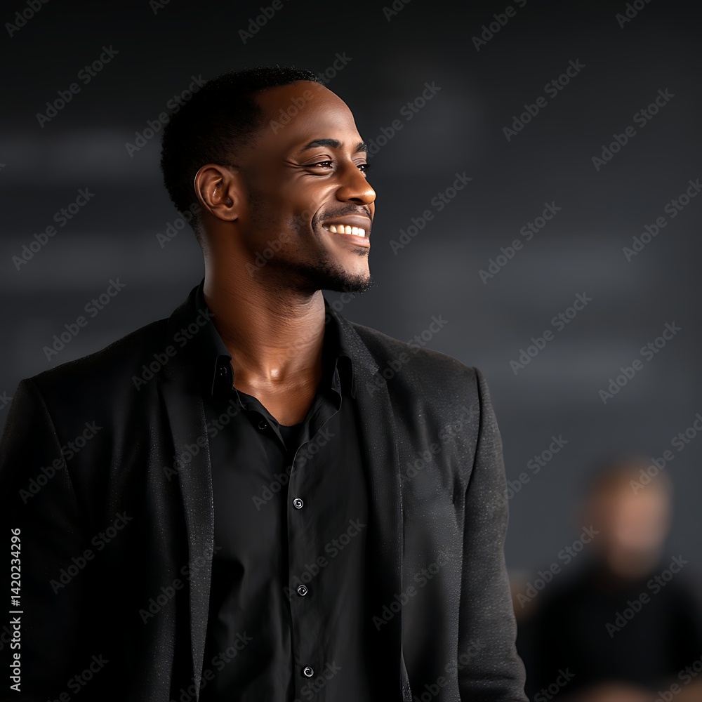 Obraz premium Pensive African American Male in Dark Jacket Against Dim Gray Backdrop with Blurred Figure Behind