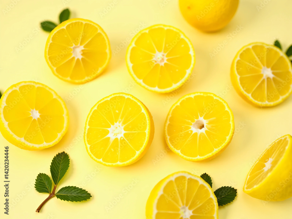 Obraz premium Fresh Lemons – Juicy Citrus Fruits with Vibrant Yellow Color, Cut and Whole Lemons on Clean White Background with Water Droplets and Mint – Ideal for Food, Health, and Product Ads