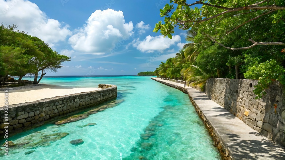 Obraz premium Secluded Tropical Channel with Crystal Clear Water and Lush Greenery – Hidden Paradise Cove in High Resolution