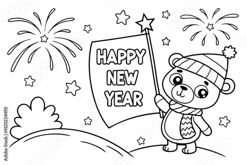 Cute cartoon panda, happy new year sign, fireworks, stars, snowy landscape, black and white line drawing, coloring page style, children's illustration, festive scene, kawaii character,