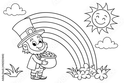 Cartoon leprechaun, pot of gold, smiling sun, rainbow, clouds, flowers, coloring book style, black and white outline drawing, St. Patrick's Day theme, cheerful scene, children's illustration,
