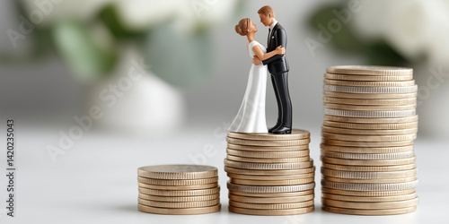 Wedding Budget & Financial Future: A meticulously arranged scene presents a small wedding figurine standing atop stacked coins, evoking financial planning and investment for a marriage's future.
