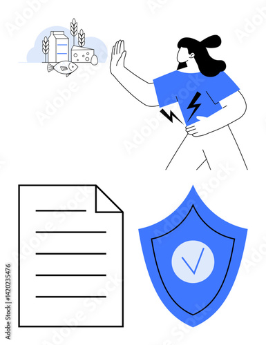 Woman stops dairy, fish, and gluten symbols with hand, shield ensuring protection, emphasizes health, dietary preference, safety, allergy awareness decision-making food policy. Ideal for health
