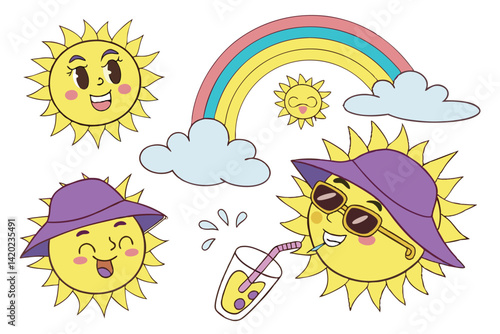 24 Cartoon sun characters, cute emoji faces, colorful expressions, rainbow and clouds, sunglasses, purple hat, drinking cocktail, happy sun icons, bright yellow, sky blue accents, cheerful illustratio