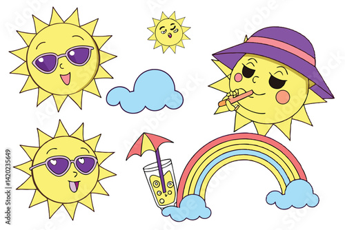 24 Cartoon sun characters, cute emoji faces, colorful expressions, rainbow and clouds, sunglasses, purple hat, drinking cocktail, happy sun icons, bright yellow, sky blue accents, cheerful illustratio