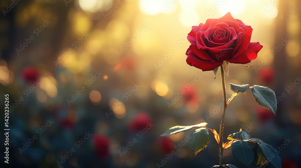 Fototapeta premium Single perfect red rose in a sunlit garden with a dreamy bokeh background. Ideal for romance blogs, nature photography sites, gardening inspiration, or sentimental occasion content.