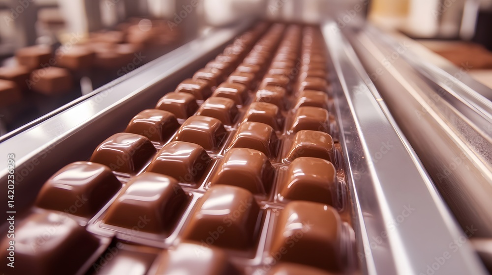 A close-up view of delicious chocolate candies on a conveyor belt in a factory, showcasing their glossy texture and uniform shape. Perfect for illustrating food production. A close-up view of delicious chocolate candies on a conveyor belt in a factory, showcasing their glossy texture and uniform shape. Perfect for illustrating food production.