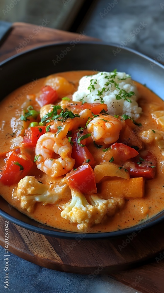 Vegan shrimp bobo with cauliflower, bell pepper, tomato and cashew cream in bowl Vegan shrimp bobo with cauliflower, bell pepper, tomato and cashew cream in bowl