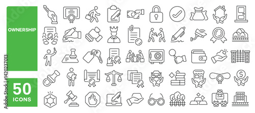 Set of 50 line icons related to ownership, property, purchase, contract, owner, key, real estate, value, buying, license, registration, Editable stroke. Vector illustration