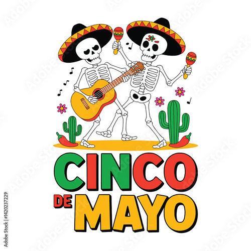 Mexican Mariachi Skeletons Playing Guitar for Cinco de Mayo Celebration