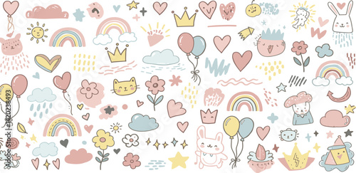 Cute kid scribble line flower, heart. rainbow background.