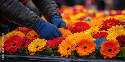 person in blue gloves arranges vibrant red,orange, and yellow Gerbera Daisies in dense flower bed for florist websites,gardening blogs,event planning,horticulture articles about planting 