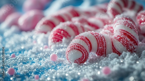 Candy canes on snow with pink candies blurred in background for holiday theme