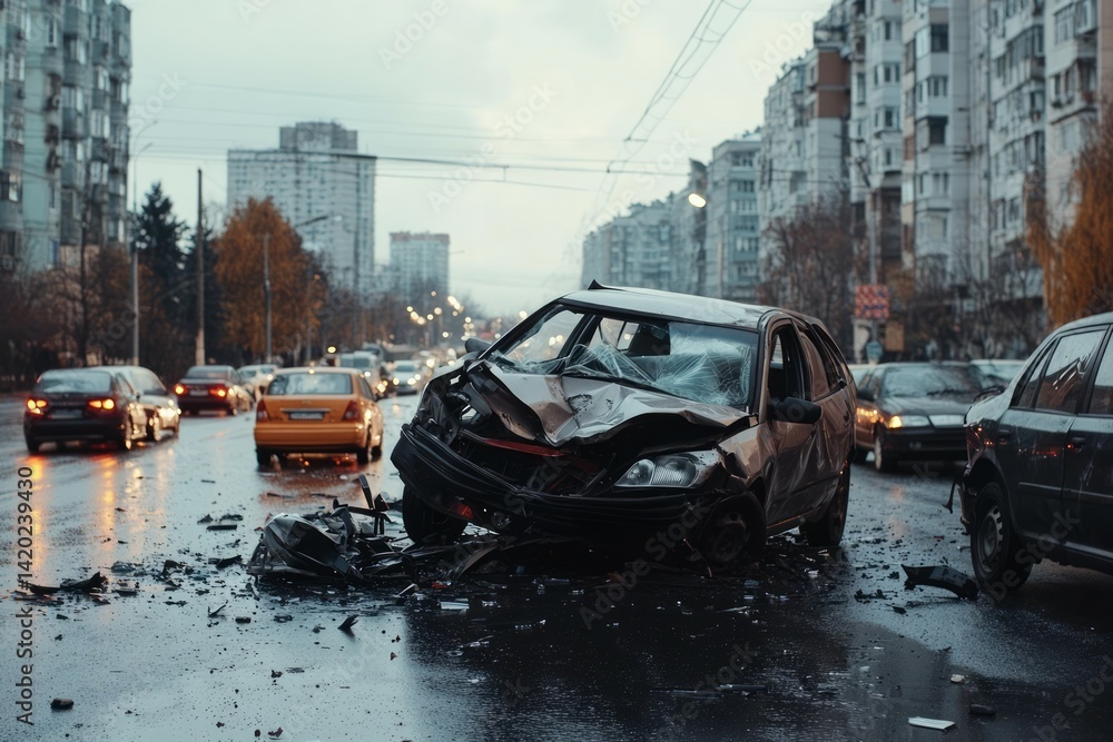 Two cars heavily damaged after collision on city street. Scene features debris scattered on roadway. Low-angle view with soft morning lighting. Neural network AI generated Two cars heavily damaged after collision on city street. Scene features debris scattered on roadway. Low-angle view with soft morning lighting. Neural network AI generated