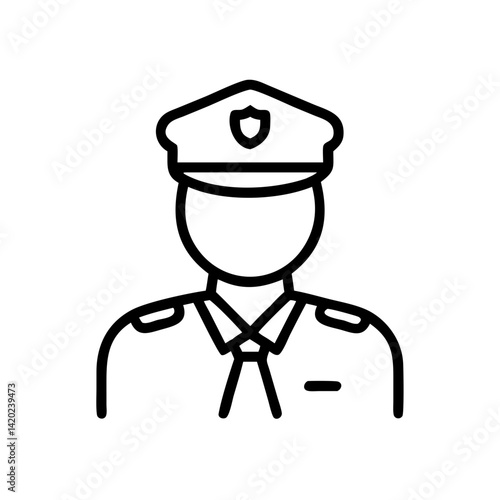 A man police officer icon outline illustration transparent background. Minimalistic black line drawing of a security professional avatar symbol vector graphic for web use.