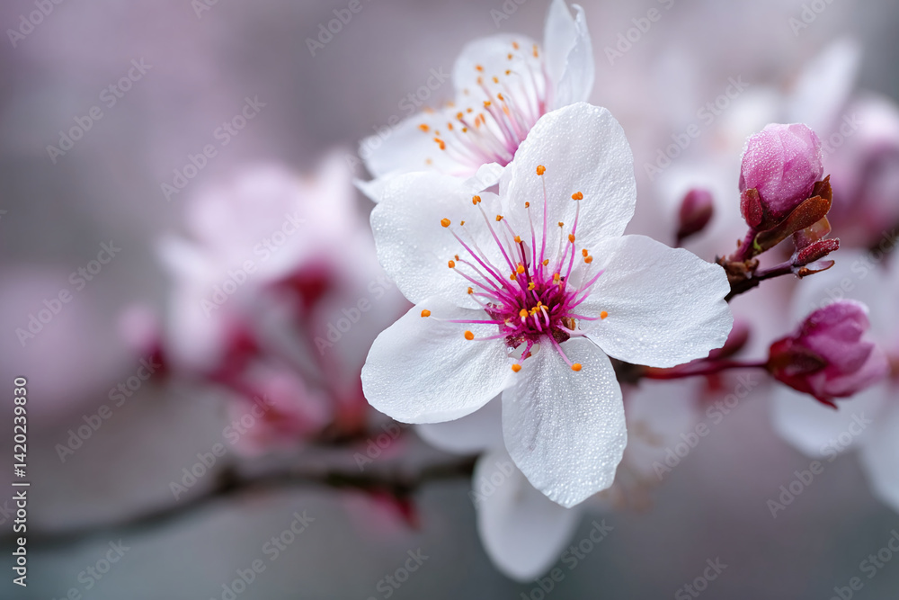 Fototapeta premium Close-up of white flowers with pink centers and dew drops, showcasing delicate petals and vibrant stamens, symbolizing springtime, purity, and renewal