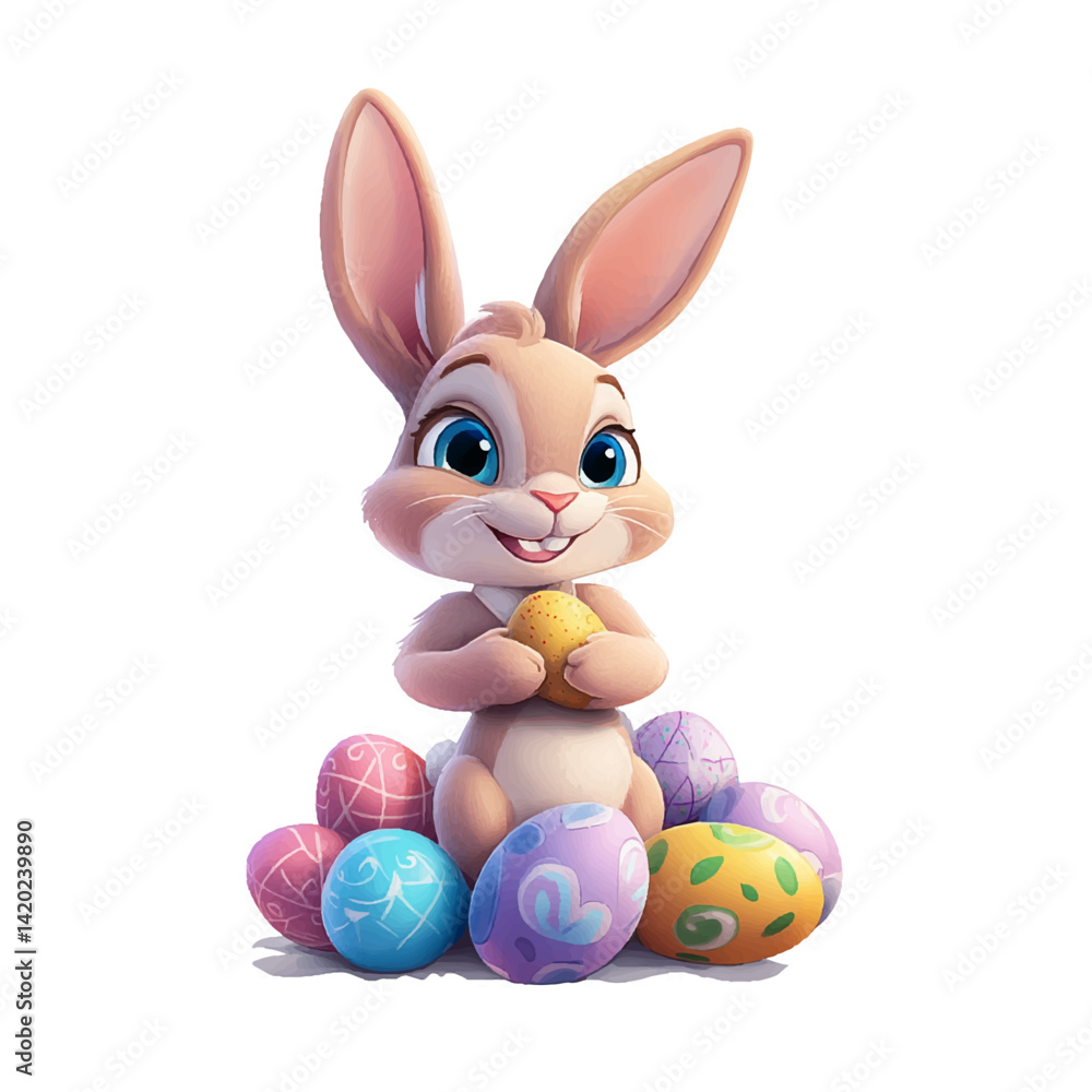 Fototapeta premium 3D Cute Bunny Holding Easter Egg with Painted Eggs