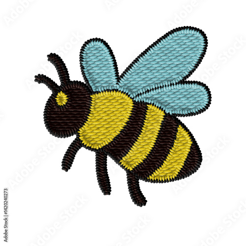 Bee clipart in serge embroidery style. A stitched yellow and black bee with blue wings, ideal for garden-themed designs, summer decor, floral patterns, and digital embroidery projects
