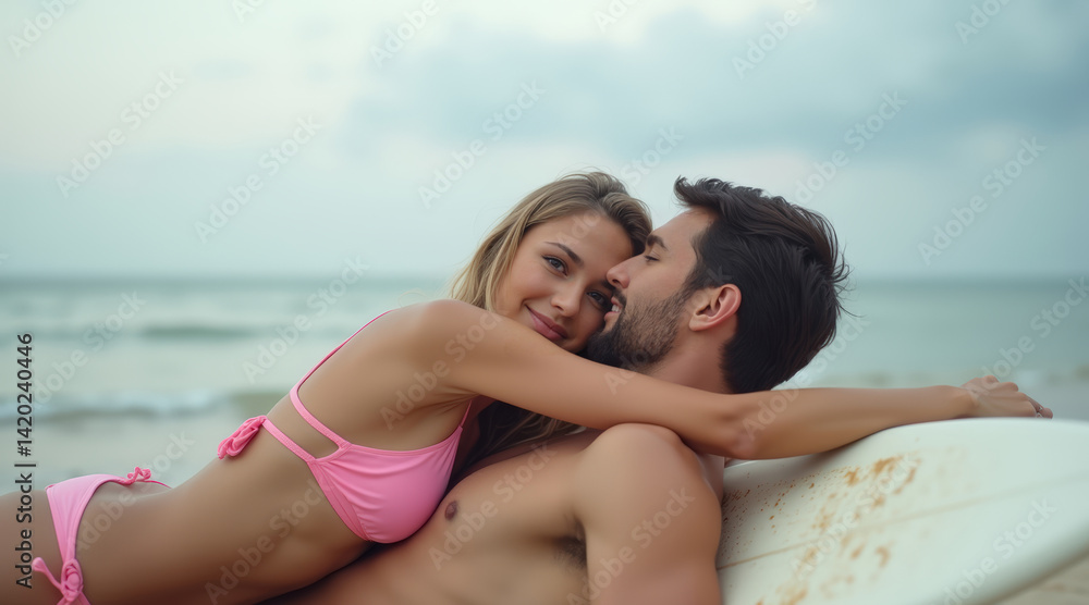 Romantic close-up of a young couple embracing on a sandy beach near the ocean, bathed in warm sunset light. Romantic close-up of a young couple embracing on a sandy beach near the ocean, bathed in warm sunset light.