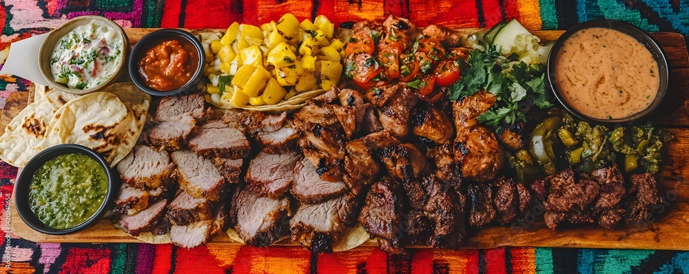 Fototapeta premium A vibrant platter filled with a variety of grilled meats, fresh vegetables, and colorful sides, showcasing a feast for any occasion, served on a traditional textile background.