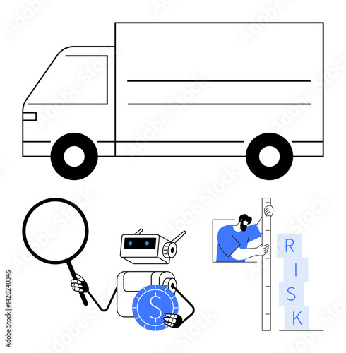 Robot with magnifying glass and coin evaluates finances, worker measures blocks marked risk, delivery truck symbolizes transportation. Ideal for logistics, risk, technology, finance, analysis