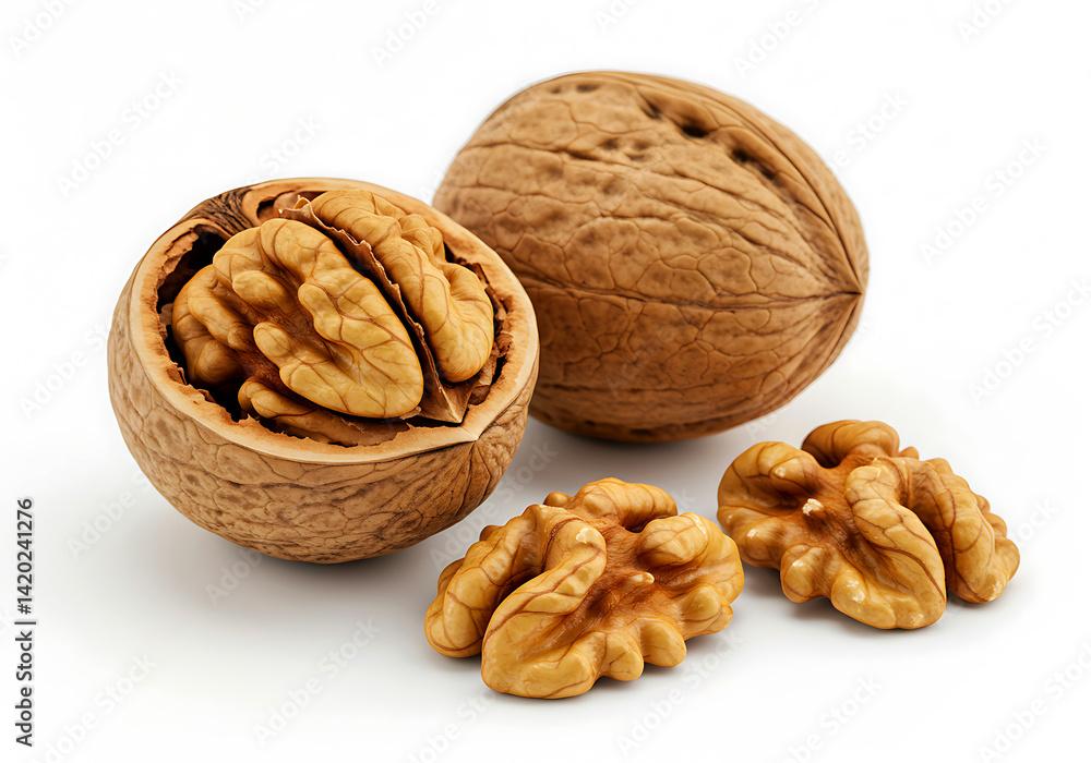 Close-up of whole and halved walnuts on a white background. Close-up of whole and halved walnuts on a white background.
