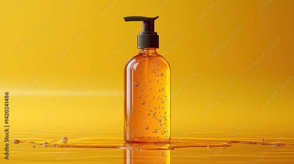 Amber Liquid Soap Bottle on Yellow Background, Minimalist Product Photography Amber Liquid Soap Bottle on Yellow Background, Minimalist Product Photography
