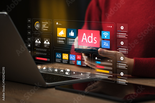 Businesswoman doing digital marketing and online advertising to target customers. Online sales concept of digital marketing, ad, product ads, promotion of products or services through digital tools.