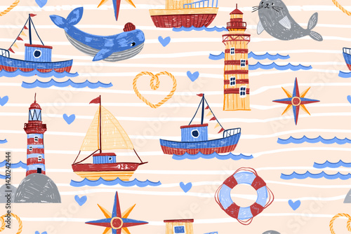 Sea boat seamless pattern, ship ocean kids texture, vector hand drawn nautical baby repeat print. Doodle yacht, lighthouse, cute whale, childish nursery linen textile cartoon background. Boat pattern