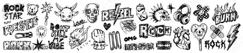 Punk rock doodle grunge sticker set, vector hand drawn crayon scribble, music lettering print kit. Aggressive rebel skull, modern youth inscription messy graphic tattoo. Rock doodle thunder flame sign