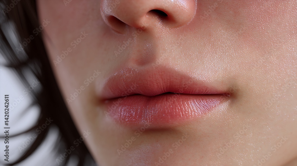 Naklejka premium Close-up view of a face focusing on full, luscious lips with soft skin tone