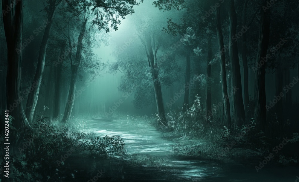 Fototapeta premium Mystical, Foggy Forest Path at Night
