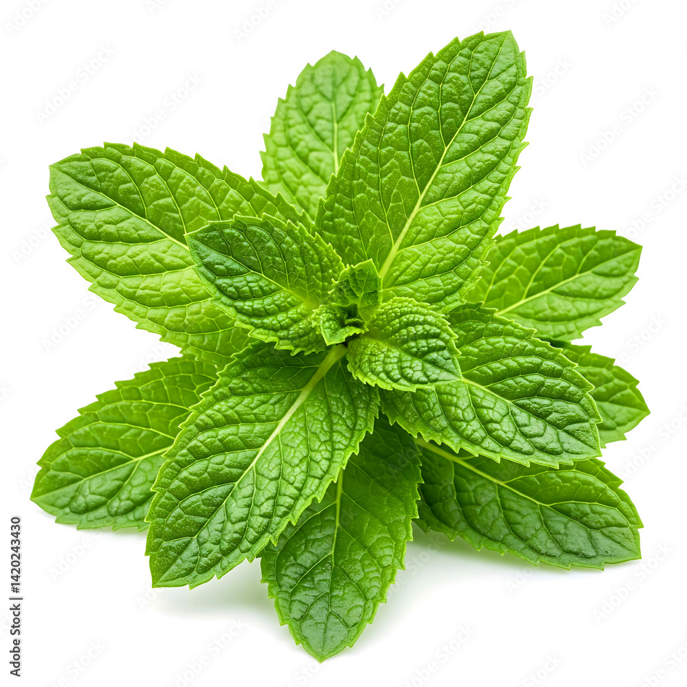 A close-up image of a bunch of fresh mint leaves against a pure white background. A close-up image of a bunch of fresh mint leaves against a pure white background.
