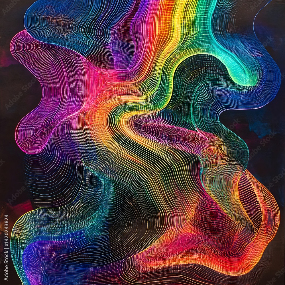 Obraz premium Bright neon light swirls and vibrant colors on black canvas