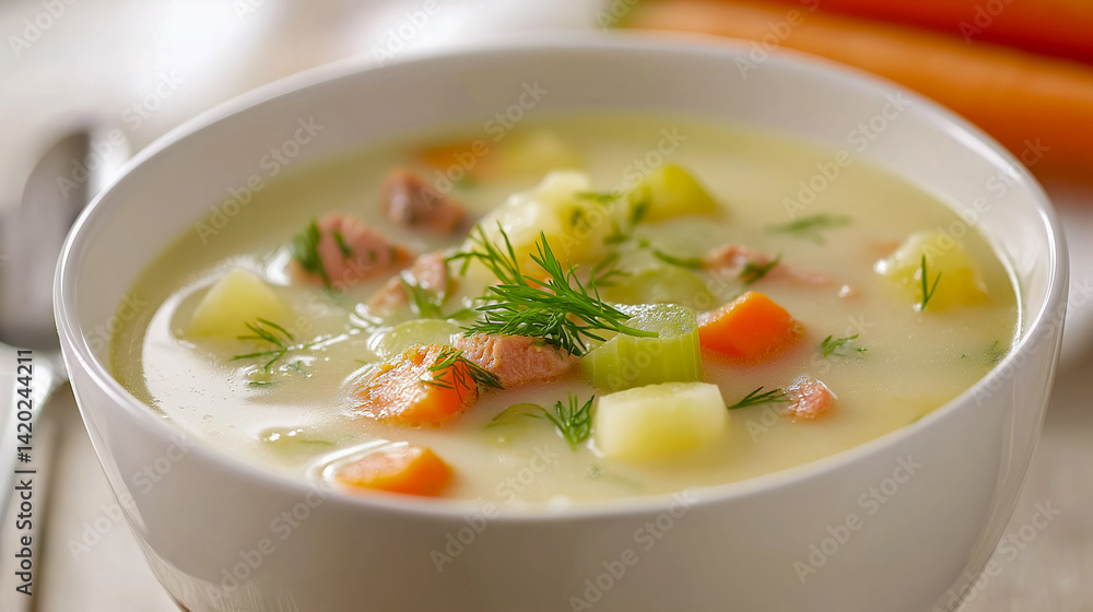 Finnish Lohikeitto Creamy Salmon Soup with Potatoes, Carrots, Leeks, and Dill in White Bowl Finnish Lohikeitto Creamy Salmon Soup with Potatoes, Carrots, Leeks, and Dill in White Bowl