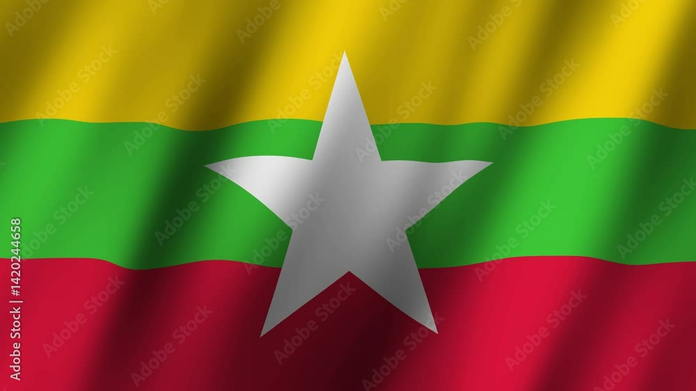 Colorful Myanmar flag waving in the wind under bright sunlight
