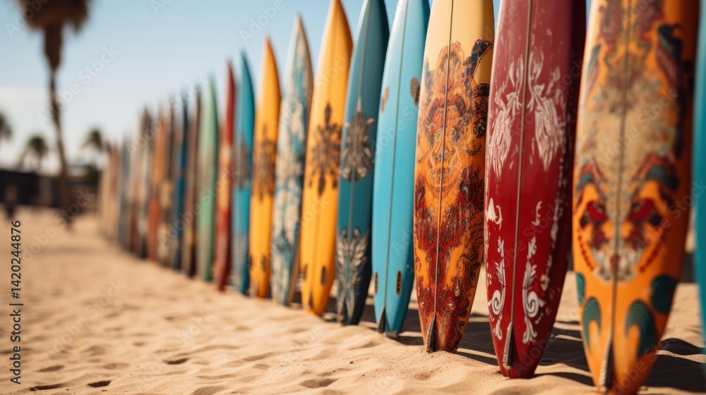 Surfboards standing on a sandy beach against a serene blue ocean backdrop. copy space for text. Vacation concept with space for text. Travel concept, Summertime concept with copy space. Surfboards standing on a sandy beach against a serene blue ocean backdrop. copy space for text. Vacation concept with space for text. Travel concept, Summertime concept with copy space.