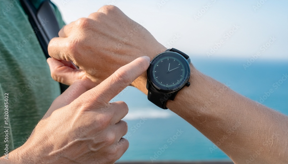 Person checking time and heart rate on sports watch Person checking time and heart rate on sports watch