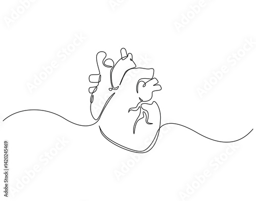 Continuous line drawing of human heart. Single line illustration of human heart organ. Human anatomy concept. Editable outline