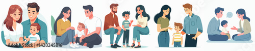 Collection of vectors of mothers and fathers talking to their children