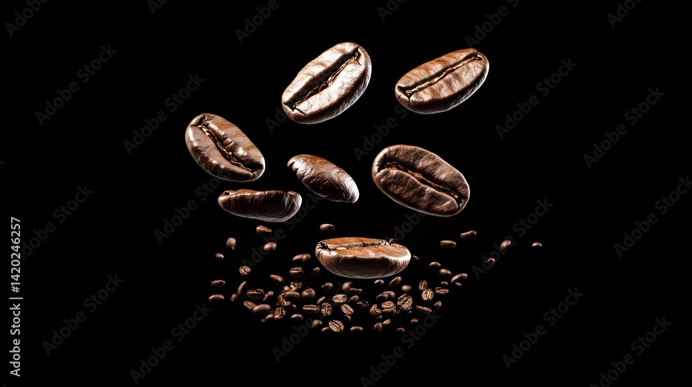 Coffee beans levitating in mid-air on black background, for coffee product advertisement Coffee beans levitating in mid-air on black background, for coffee product advertisement
