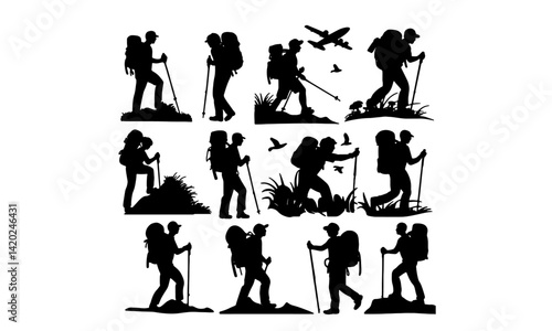 Hiking vector icons set with silhouette vector illustration