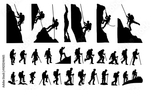 Big set of mountaineer climber hiker people, vector silhouette collection
