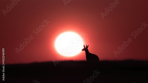 Silhouette of kangaroo at sunset. Dramatic red sky