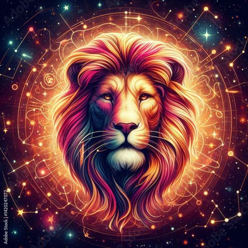 Colorful Lion Illustration with Cosmic Background  